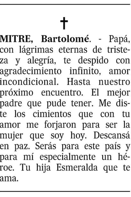 El aviso fúnebre que le escribió Esmeralda Mitre en La Nación