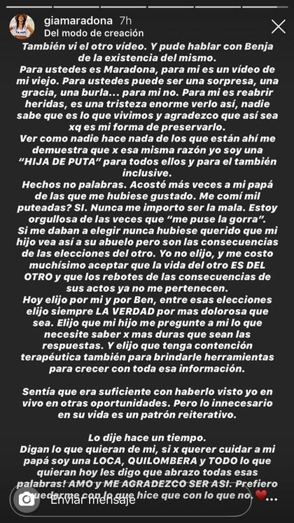 El descargo de Gianinna en sus historias de Instagram sobre el video de su padre, en el que se lo ve en muy mal estado, bailando con Verónica Ojeda, mientras un grupo de personas a su alrededor lo filmaba y se reía. No trascendió quién filtró la polémica filmación.