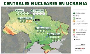 04-03-2022 Mapa con centrales nucleares en Ucrania. Rusia se apoderó semanas atrás de la central nuclear de Zaporiyia, la más grande de Europa, horas después de un ataque con artillería que ha provocado un incendio en las instalaciones que ha sido posteriormente extinguido. POLITICA Europa Press