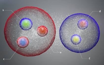 05/07/2022 El nuevo pentaquark, ilustrado aquí como un par de hadrones estándar débilmente unidos en una estructura similar a una molécula, está formado por un quark encanto y un antiquark encanto y un quark arriba, abajo y un quark extraño