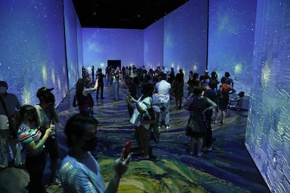 14 pantallas de alta definición transmiten la proyección en loop de 200 obras del artista holandés. En la foto, una de sus obras icónicas, La noche estrellada