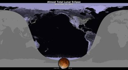 17-11-2021 Un mapa que muestra la visibilidad del eclipse lunar parcial del 18 al 19 de noviembre de 2021. POLITICA INVESTIGACIÓN Y TECNOLOGÍA NASA'S SCIENTIFIC VISUALIZATION STUDIO