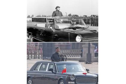 Esta combinación de imágenes muestra una foto de archivo tomada el 16 de septiembre de 1981 del entonces presidente de China Xiaoping (arriba) revisando tropas en Beijing y otra imagen del actual presidente, casi cuatro décadas después.