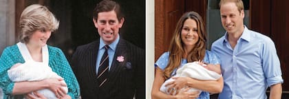 Hospital St. Mary’s de Londres. En 1982, la primera foto de William en brazos de su madre. En 2013, el propio William acompaña la presentación oficial de su hijo, el príncipe George, en brazos de Kate.