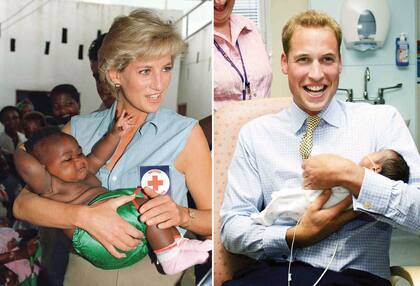 Año 1997: Diana, ternura y dedicación en una campaña con la Cruz Roja en África. Año 2006: William sostiene a un bebé en una visita al hospital Saint Mary’s de Londres.