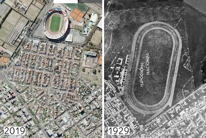 2019 vs 1929. Si se sigue el ángulo de 90º que conforman Libertador y Monroe se entiende que el trazado particular del llamado Barrio River ocupa justamente el terreno del viejo hipódromo del barrio.