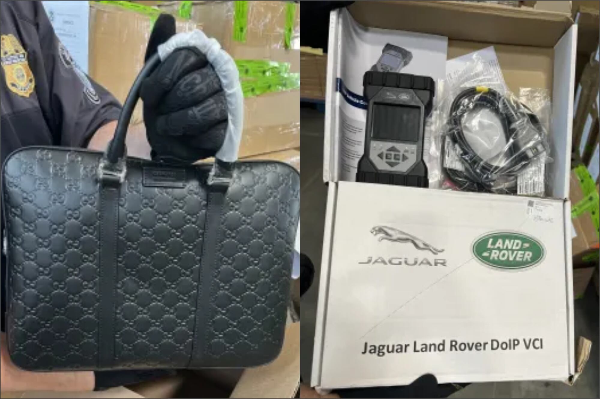 Entre los productos falsificados que incautó la CBP de Houston se incluye ropa falsificada de la Major League Baseboll (MLB) y Nike, bolsos Louis Vuitton, gafas de sol Cartier y sistemas informáticos Jaguar Land Rover