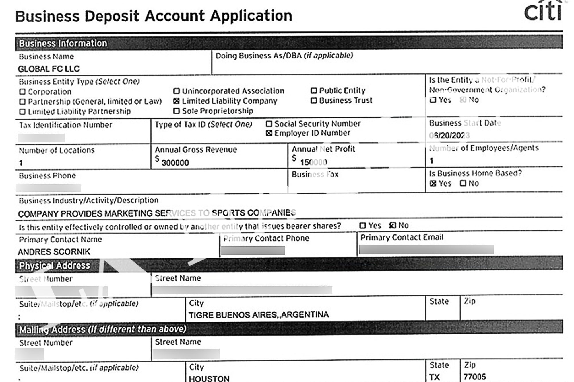 Global tiene una cuenta en el City donde aparece Scornik y una dirección en Tigre.