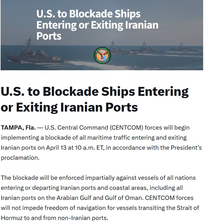 El comunicado del Centcom, que anunció que este lunes iniciará el bloqueo de puertos iraníes