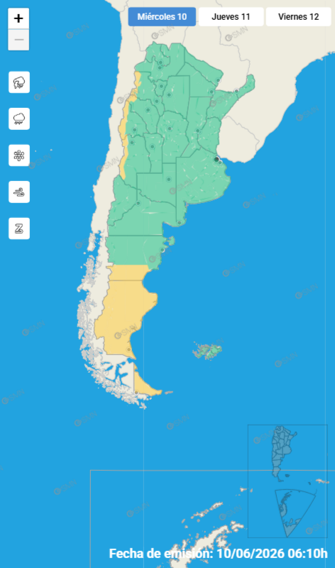 Se espera una “bomba antártica” en Argentina: cuáles son las 8 provincias que sentirán primero el impacto del frío extremo 6 Mapa de las provincias bajo alerta amarilla del SMN