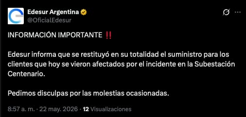El anuncio de Edesur sobre la restitución