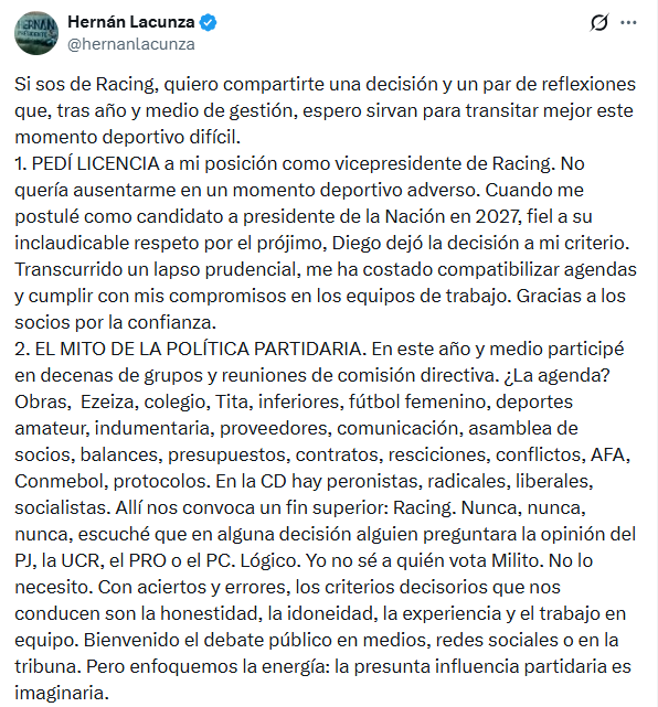 La respuesta de Lacunza al posteo de Racing