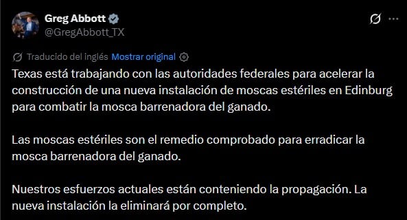 El mensaje del gobernador Greg Abbott en su cuenta de X
