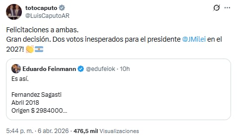 Caputo compartió una publicación que insinuaba que Sagasti y Strada también contaban con créditos hipotecarios en el Banco Nación