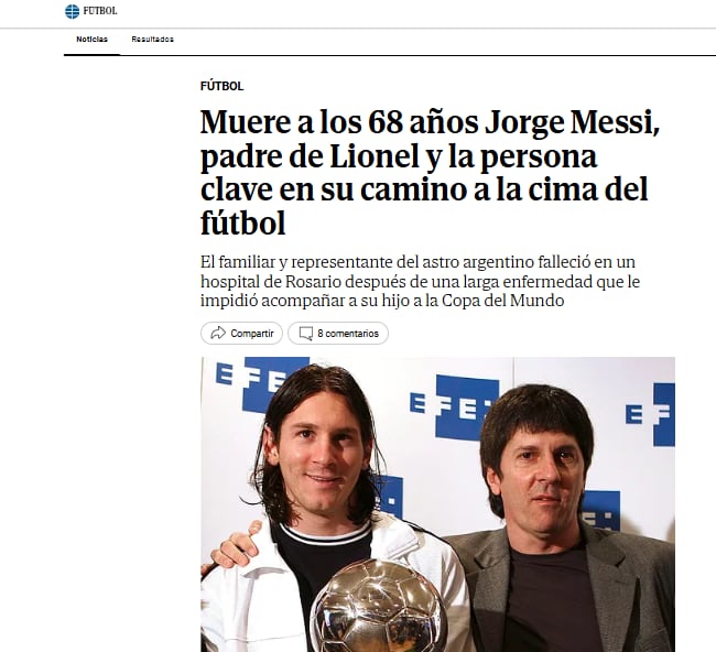 La publicación de El Mundo por la muerte de Jorge Messi (Foto: Captura)