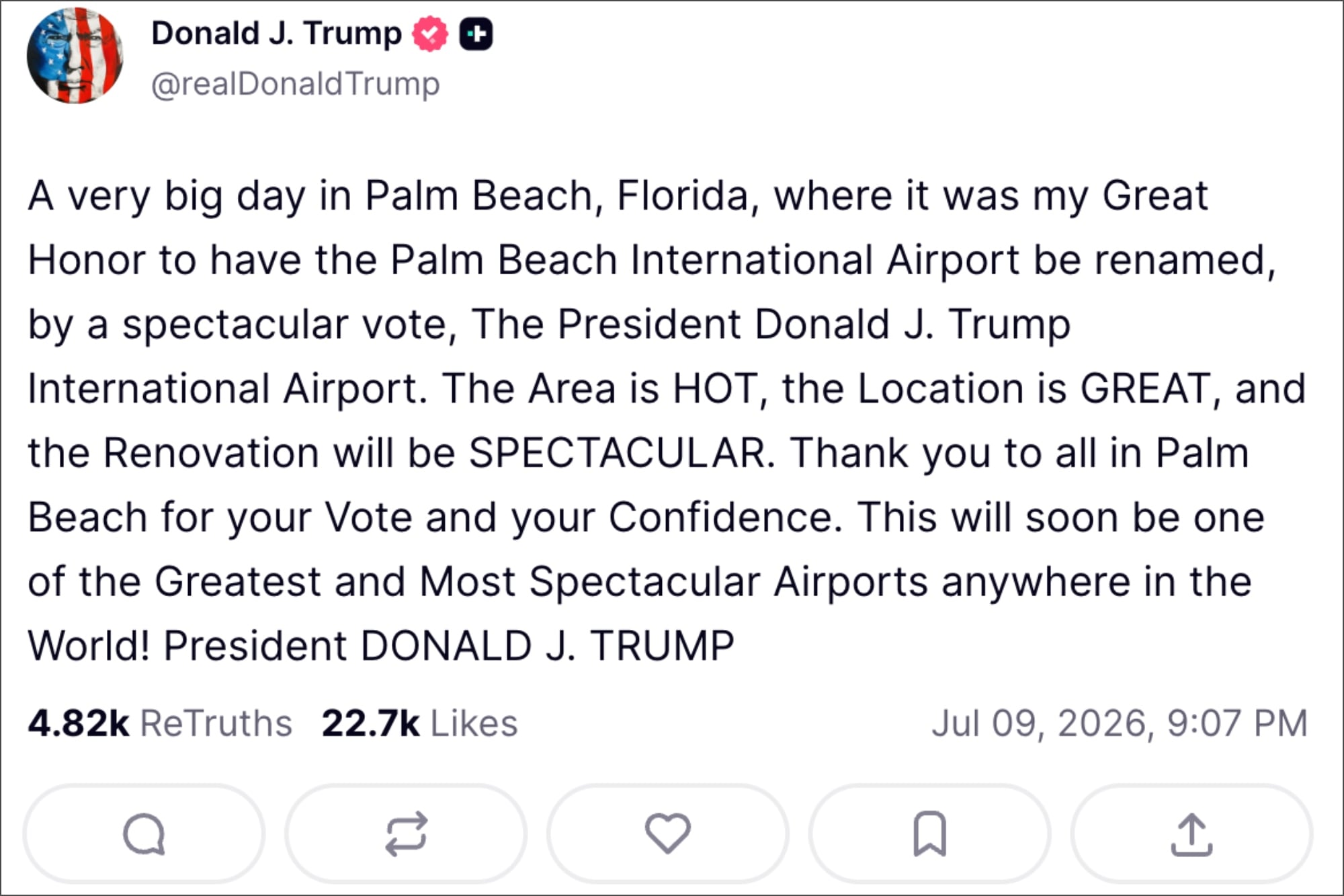 El presidente Trump celebró el cambio de nombre del Aeropuerto de Palm Beach y prometió que será