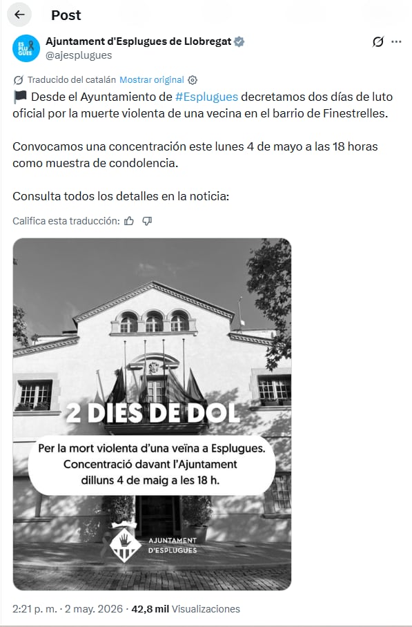 El Ayuntamiento de Esplugas de Llobregat decretó dos días de duelo
