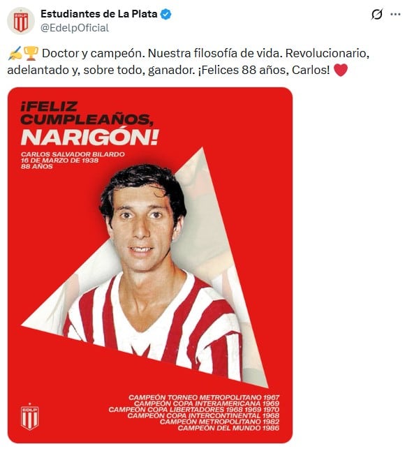 Carlos Bilardo cumplió 88 años: el festejo en su casa junto a Oscar Ruggeri y Claudia Villafañe 10 La dedicatoria de Estudiantes de La Plata