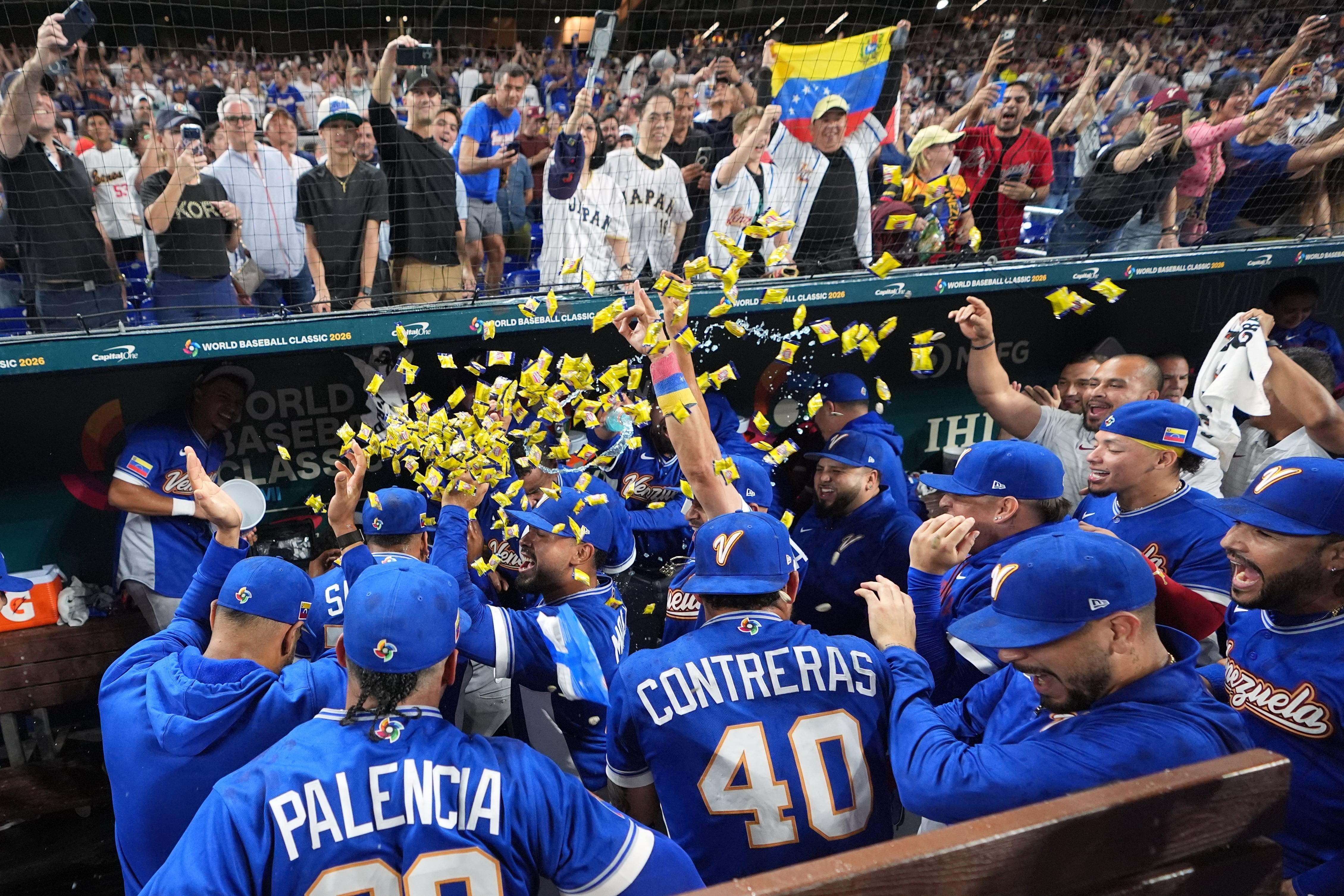 Los peloteros de Venezuela festejan en la cueva su victoria sobre Japón en el Clásico Mundial de béisbol, el sábado 14 de marzo de 2026 (AP Foto/Lynne Sladky)