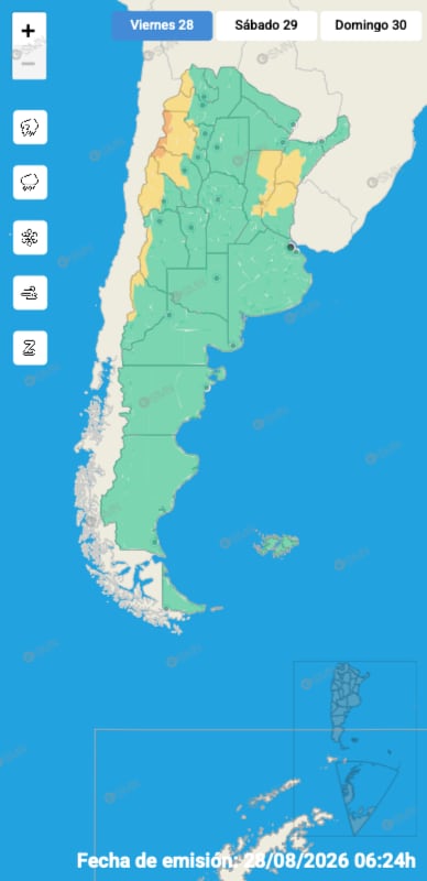El mapa de alertas del SMN para la jornada