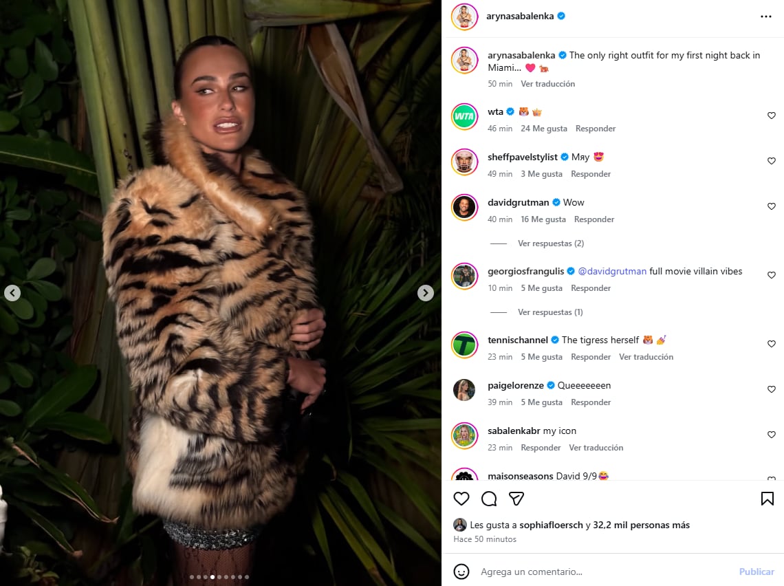 El posteo de Aryna Sabalenka donde compartió su outfit atigrado previo al debut en el Miami Open