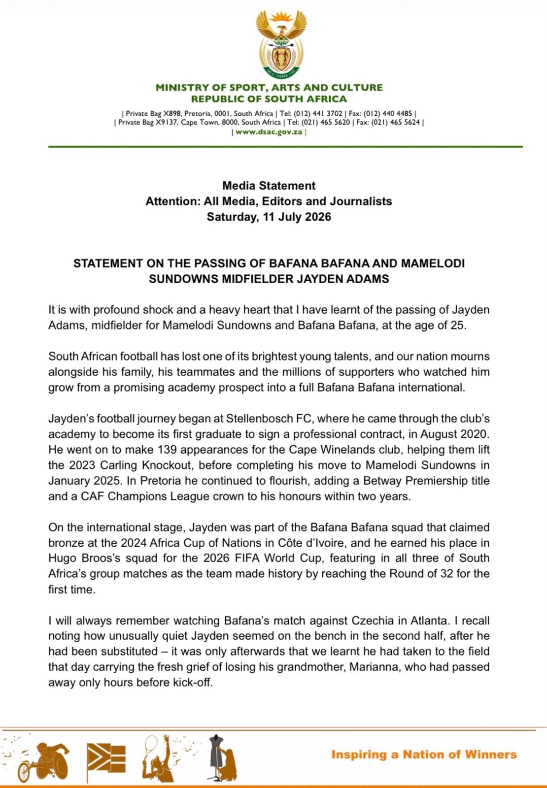 Comunicado de prensa del Ministerio de Deporte, Artes y Cultura de la República de Sudáfrica sobre el fallecimiento de Jayden Adams.