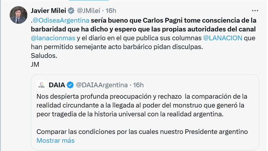 Uno de los tuits de Milei contra Pagni