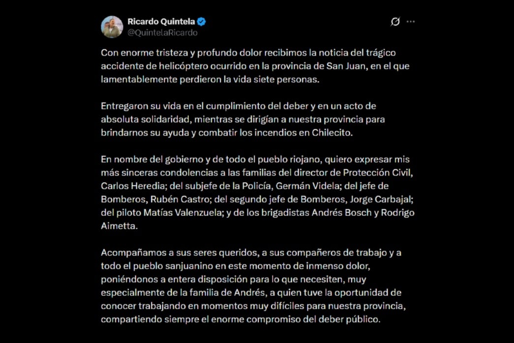 El gobernador de La Rioja, Ricardo Quintela, expresó su pesar por la muerte de los siete tripulantes