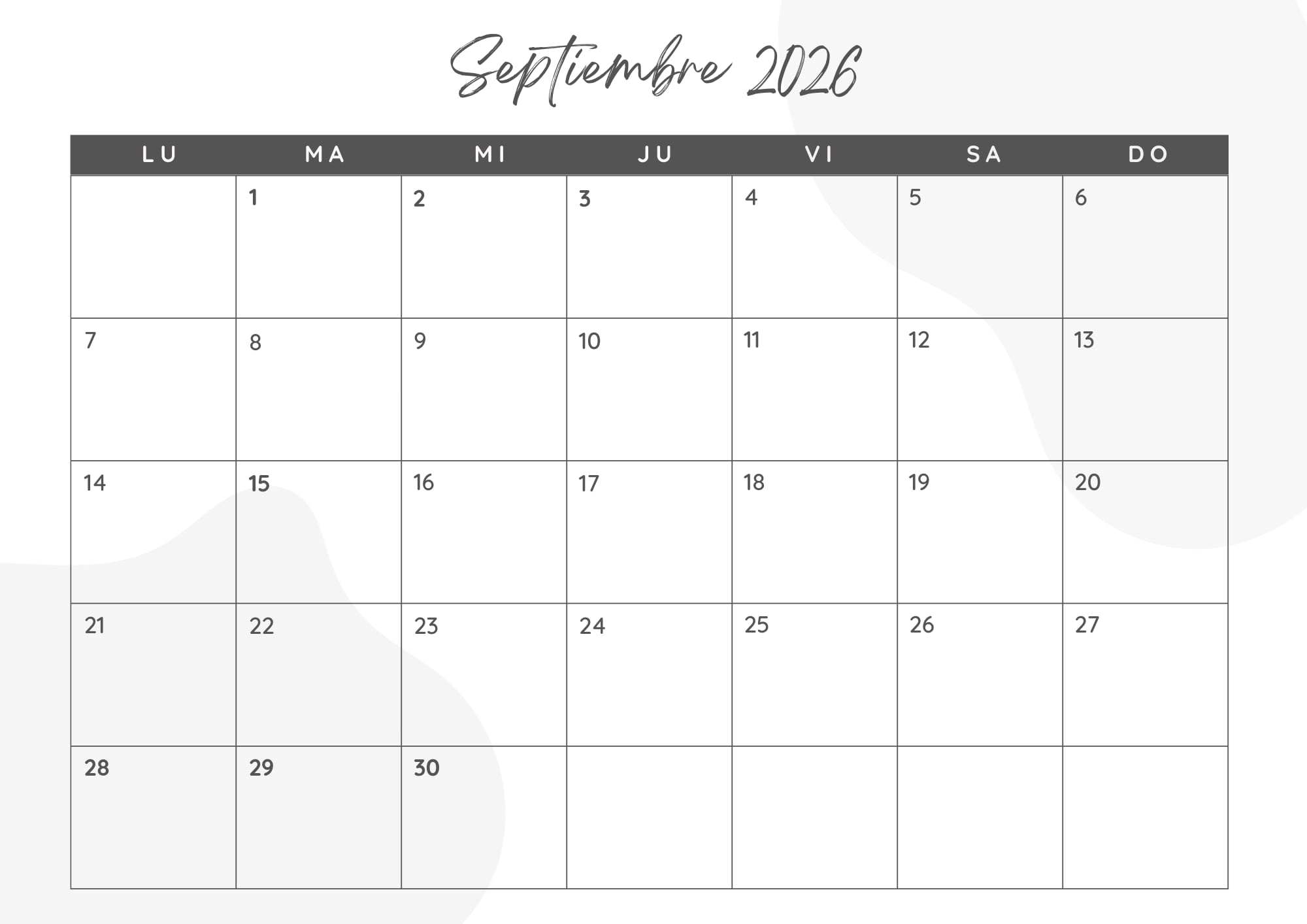Calendario mensual 2026 para imprimir: septiembre