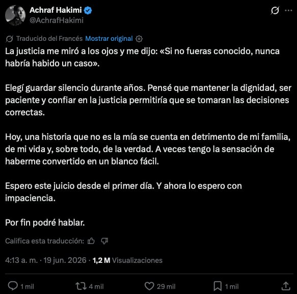 La declaración de Hakimi en X tras la decisión judicial