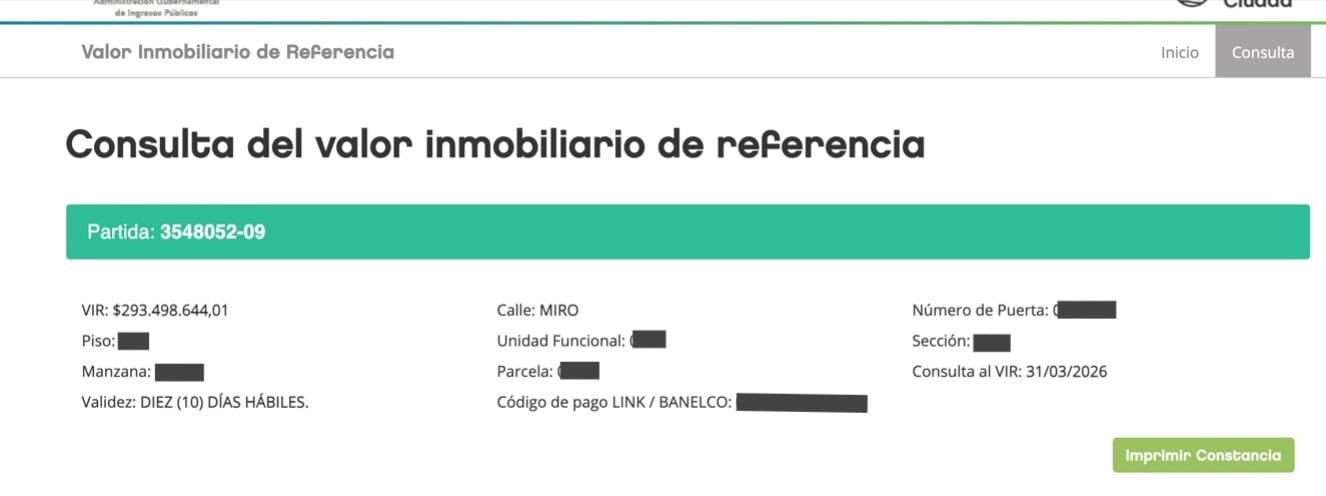 Valor Inmobiliario de referencia del departamento de la calle Miró