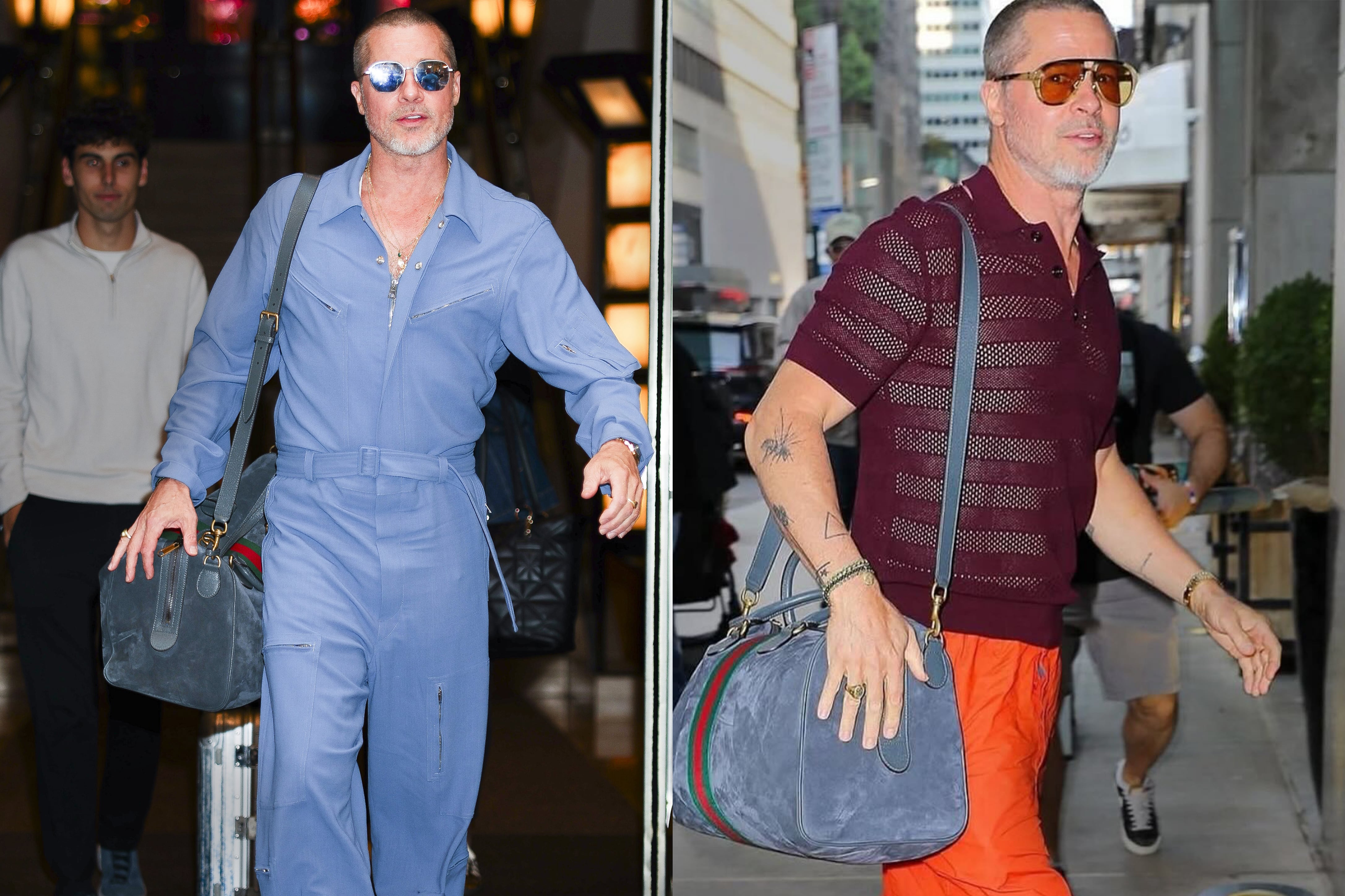 El bolso de gamuza Gucci se convirtió en uno de sus accesorios preferidos para complementar looks urbanos, como un mameluco al que le sumó zapatillas Adidas Gazelle x Gucci o el conjunto de remera polo y pantalón en color shocking.