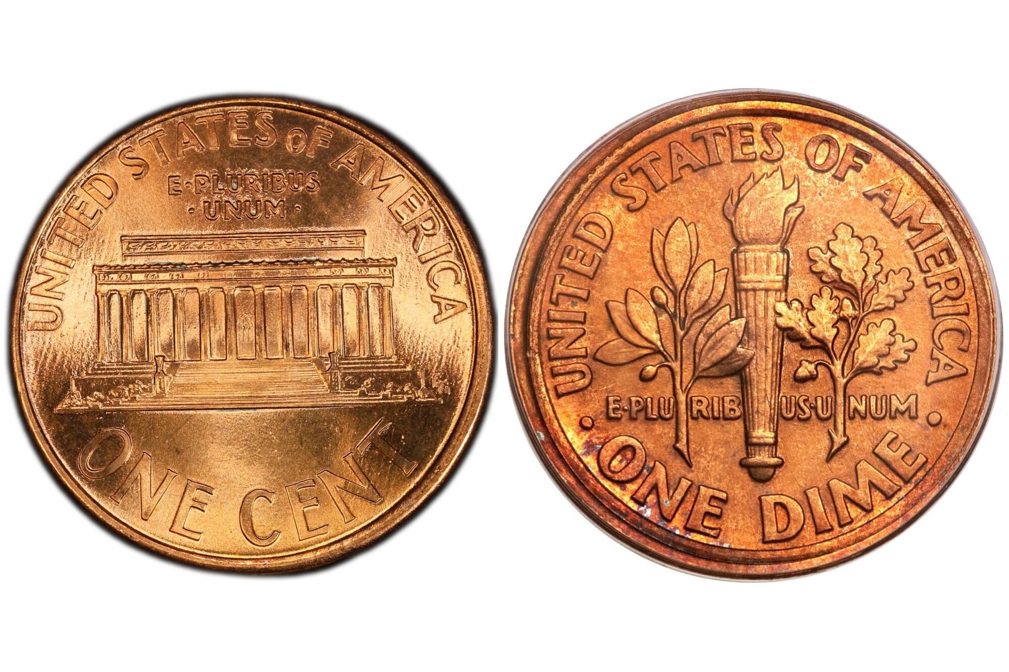 El reverso de la pieza debería llevar el monumento de Lincoln. Sin embargo, debido al error de acuñación se muestra el reverso de una moneda de diez centavos
