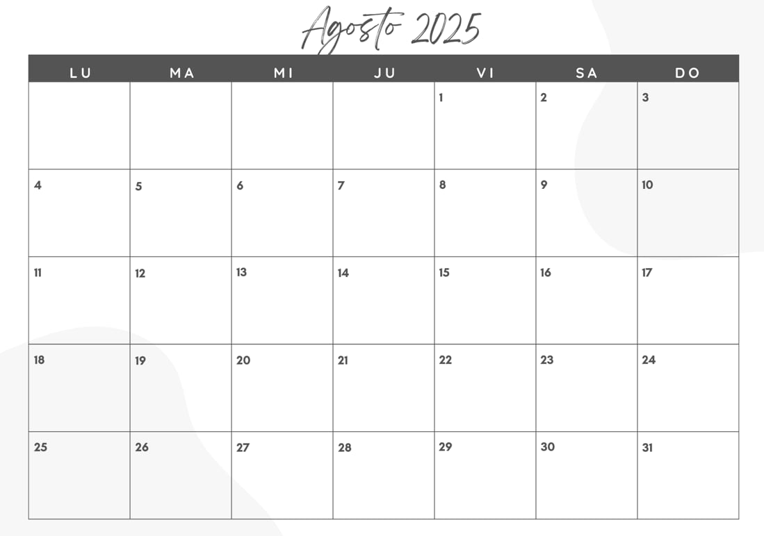 El calendario de agosto 2025 para imprimir