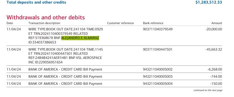 Una de las transferencias de US$20.000 a Alejandro E Almaraz desde la cuenta de TourProdEnter