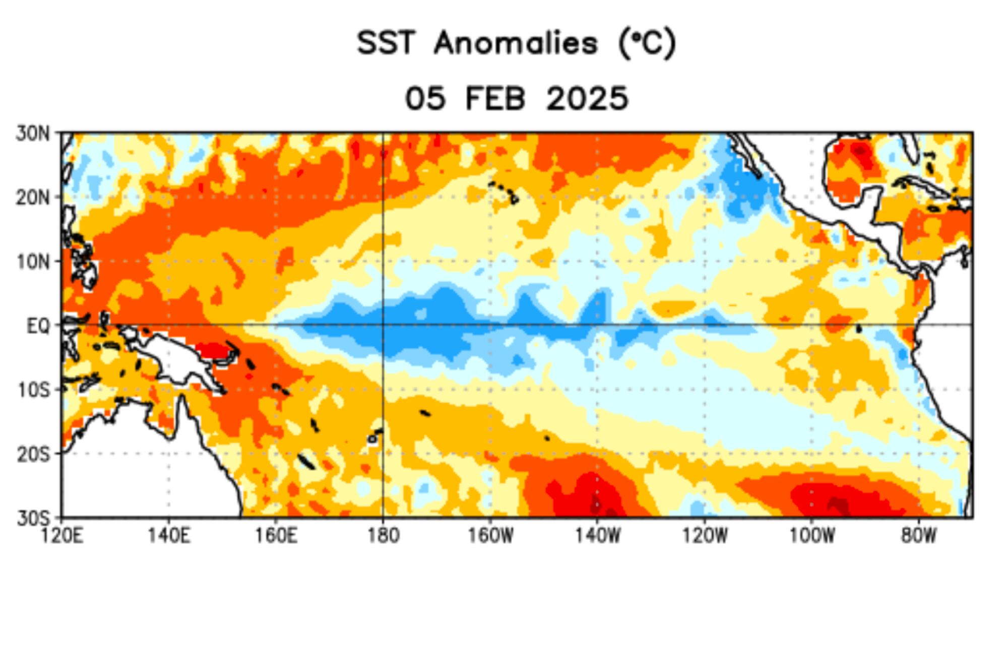 Anomalías (°C) promedio de la temperatura de la superficie del océano (SST, por sus siglas en inglés) para la semana centrada el 5 de febrero de 2025. Las anomalías son calculadas utilizando como referencia los periodos promedio semanales de 1991-2020