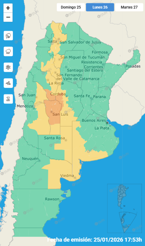 Las alertas emitidas por el SMN para este lunes 26 de enero