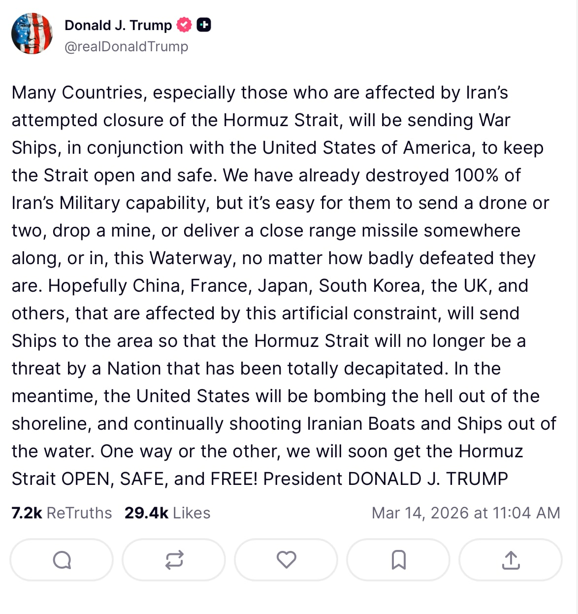 Trump anunció que varios países enviarán soporte militar a Estados Unidos para mantener abierto y seguro al estrecho de Ormuz