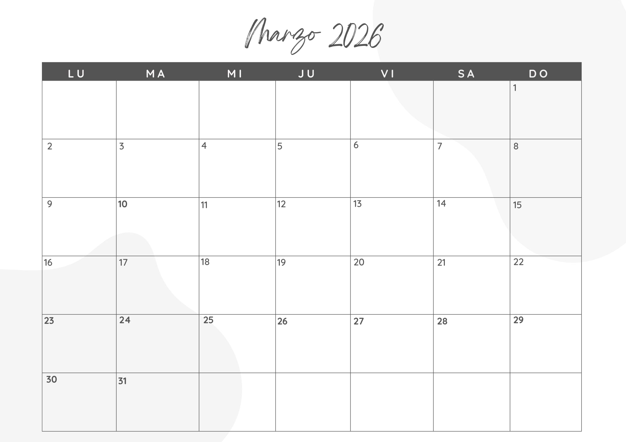 Calendario mensual 2026 para imprimir: marzo