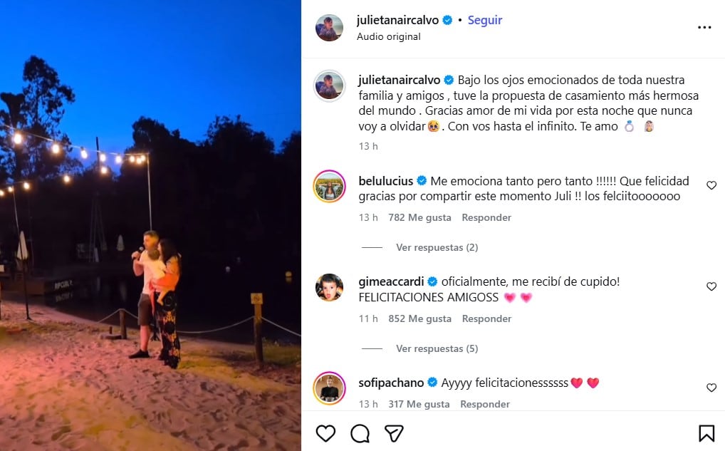 Julieta Nair Calvo agradeció la propuesta romántica de su futuro esposo