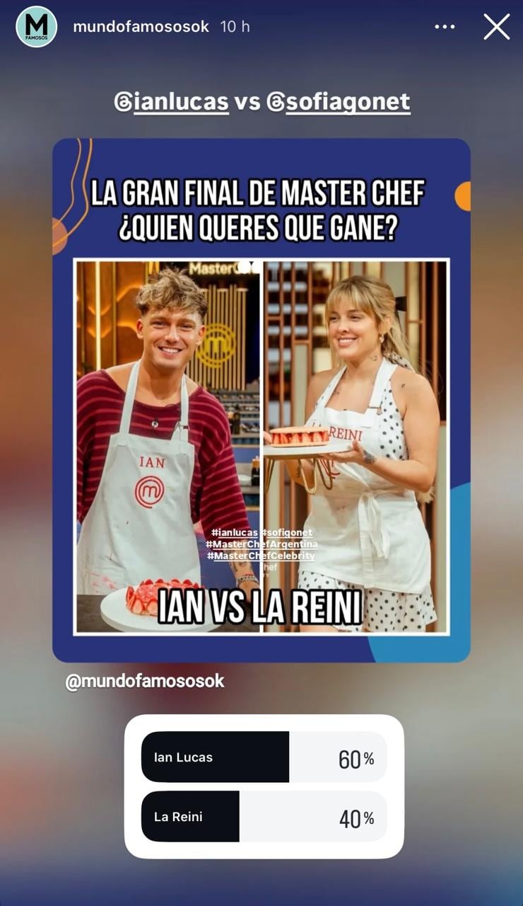La final de Masterchef 2026, en vivo: el rating y quién gana el reality de cocina, ¿La Reini o Ian? 9 La encuesta de Mundo Famosos da como ganador a Ian Lucas (Foto: Instagram @mundofamososok)