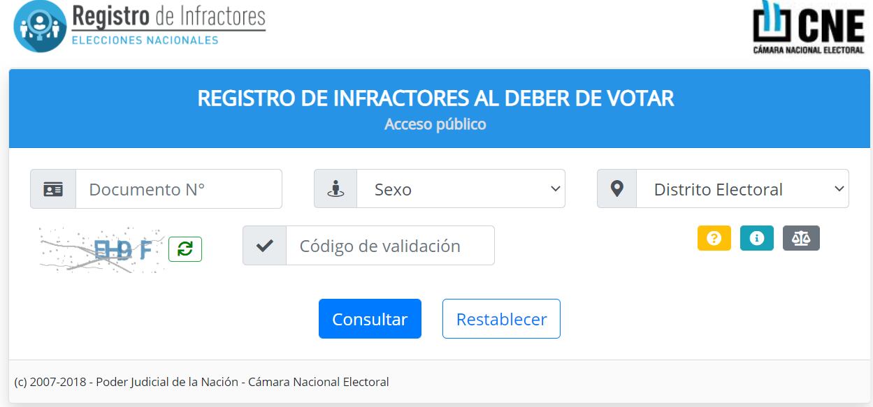 El portal del Registro de Infractores en Elecciones Nacionales de la CNE.