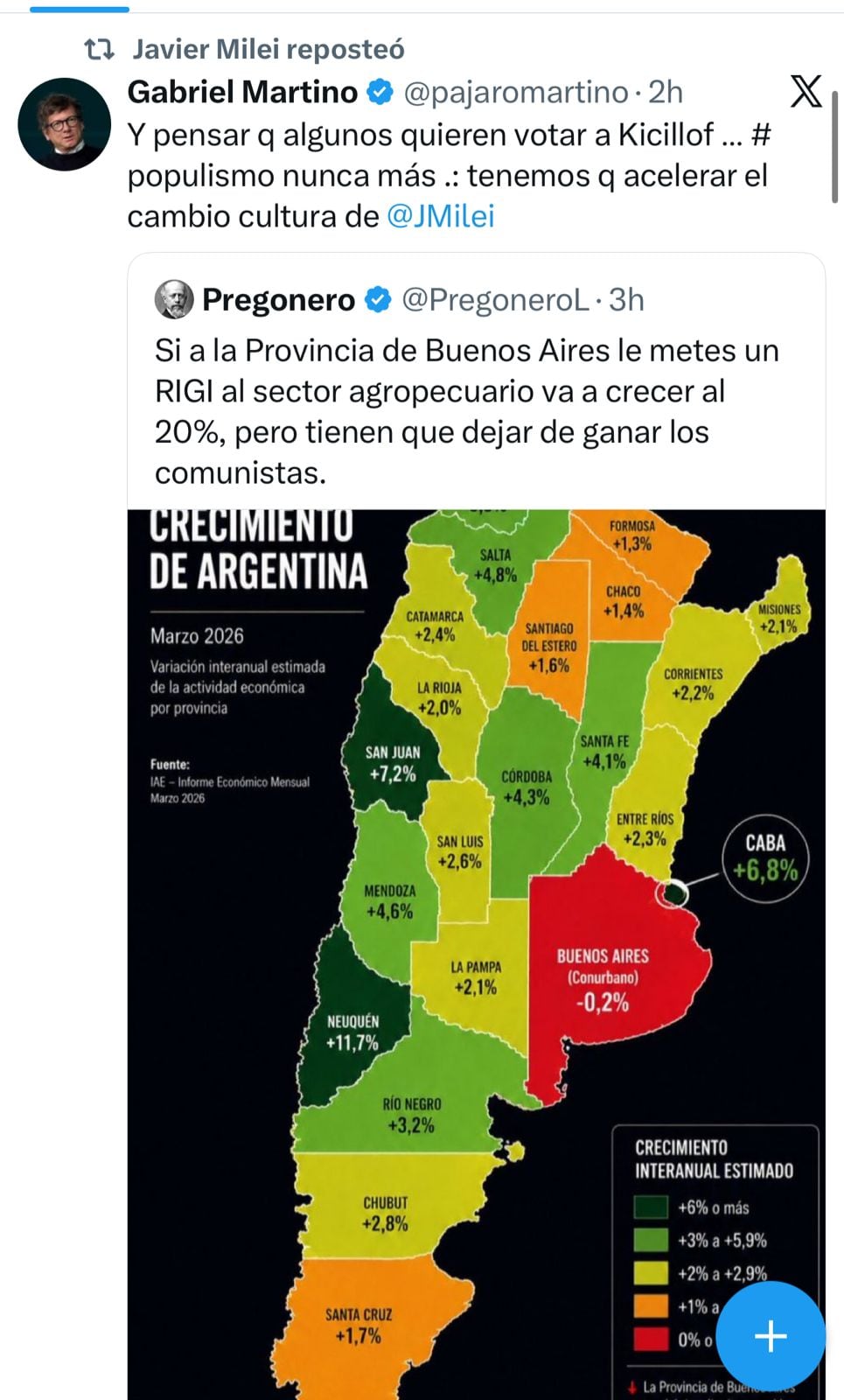 El mapa sin Tucumán que compartió Milei