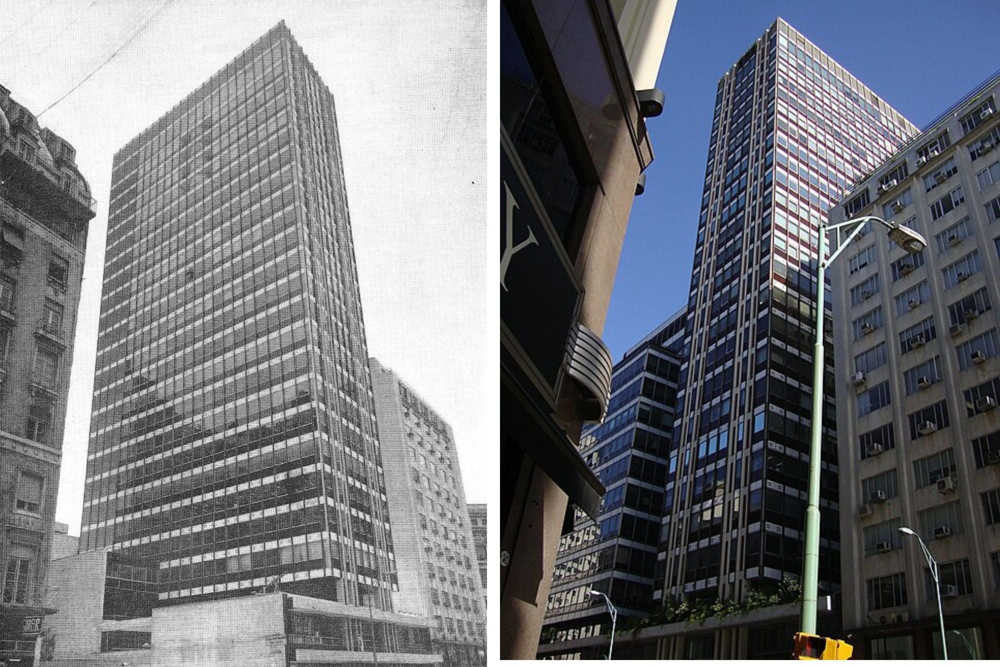 La Torre del Club Alemán, erigida en 1972 y una vista actual del mismo edificio.