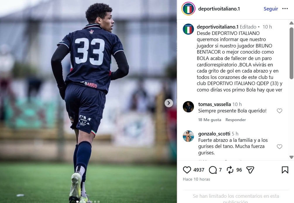 El comunicado de Deportivo Italiano por la muerte de Bruno Betancor