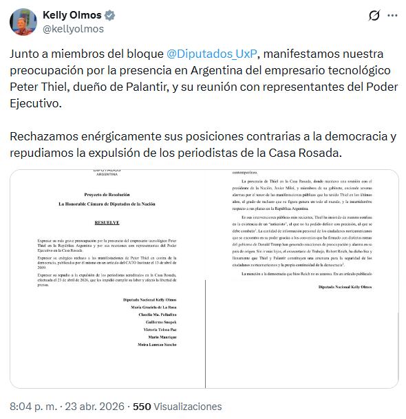 El tuit de la diputada Kelly Olmos contra Thiel