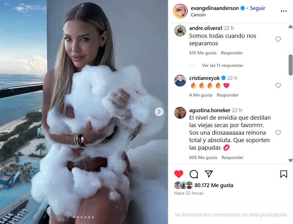 Algunos de los comentarios que recibió Evangelina en su posteo (Foto: Captura Instagram @evangelinaanderson)