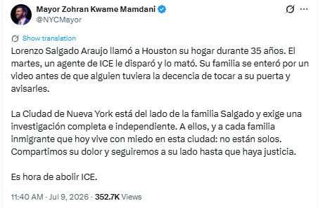 Zohran Mamdani mostró sus condolencias a la familia de Lorenzo Salgado Araujo