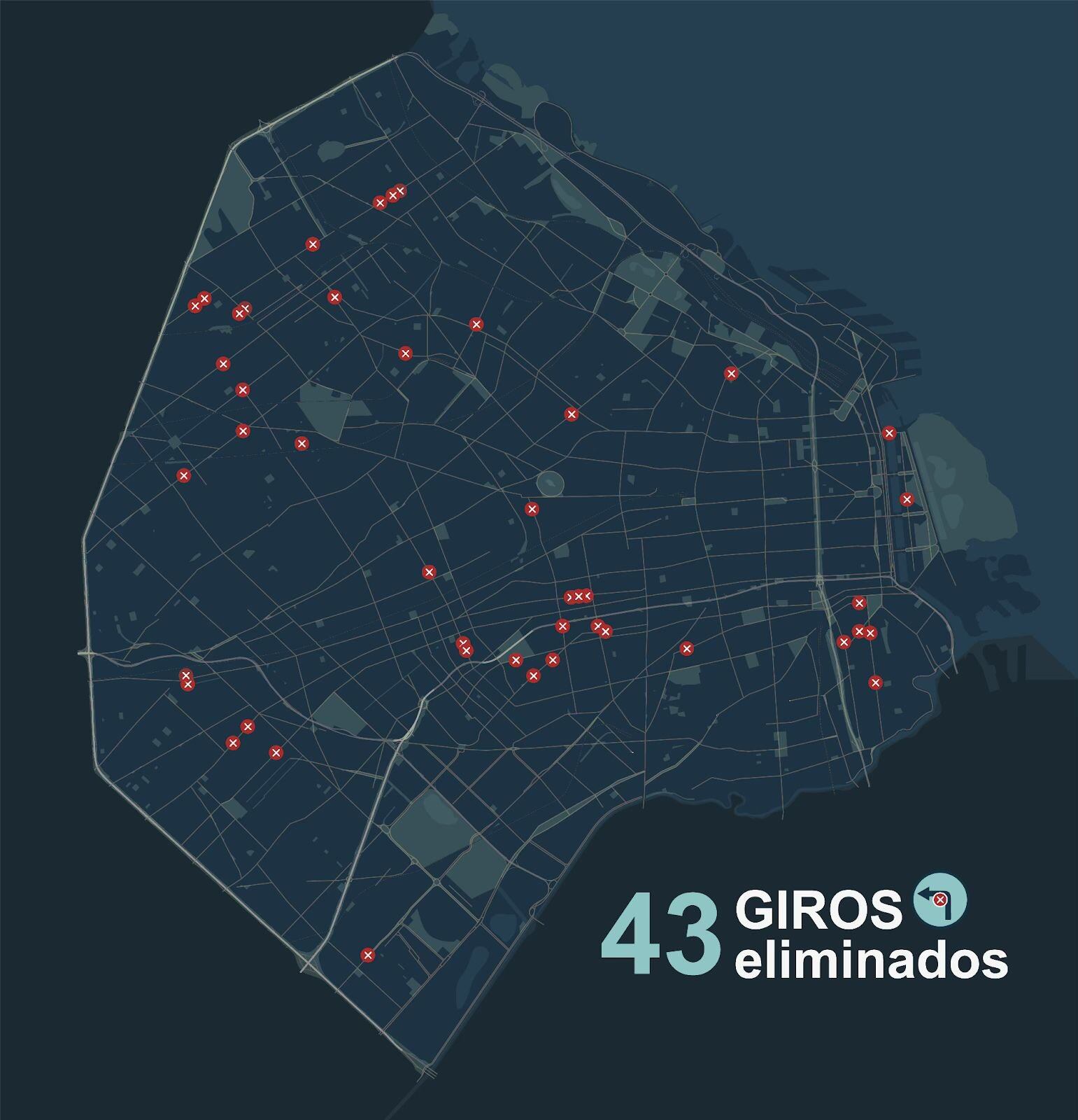 El mapa del gobierno porteño que muestra los giros que fueron eliminados.