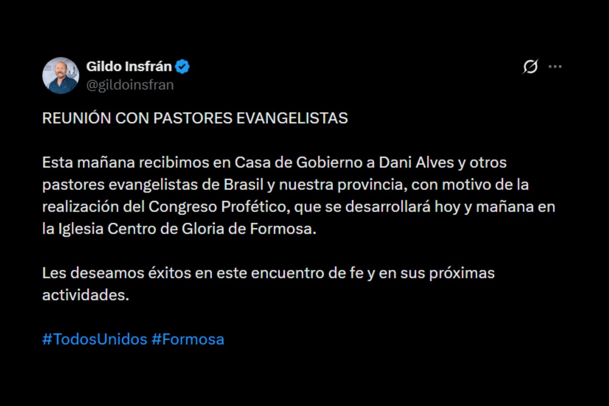 Dani Alves se reunió con Gildo Insfrán en Formosa en el marco de un encuentro de pastores evangélicos